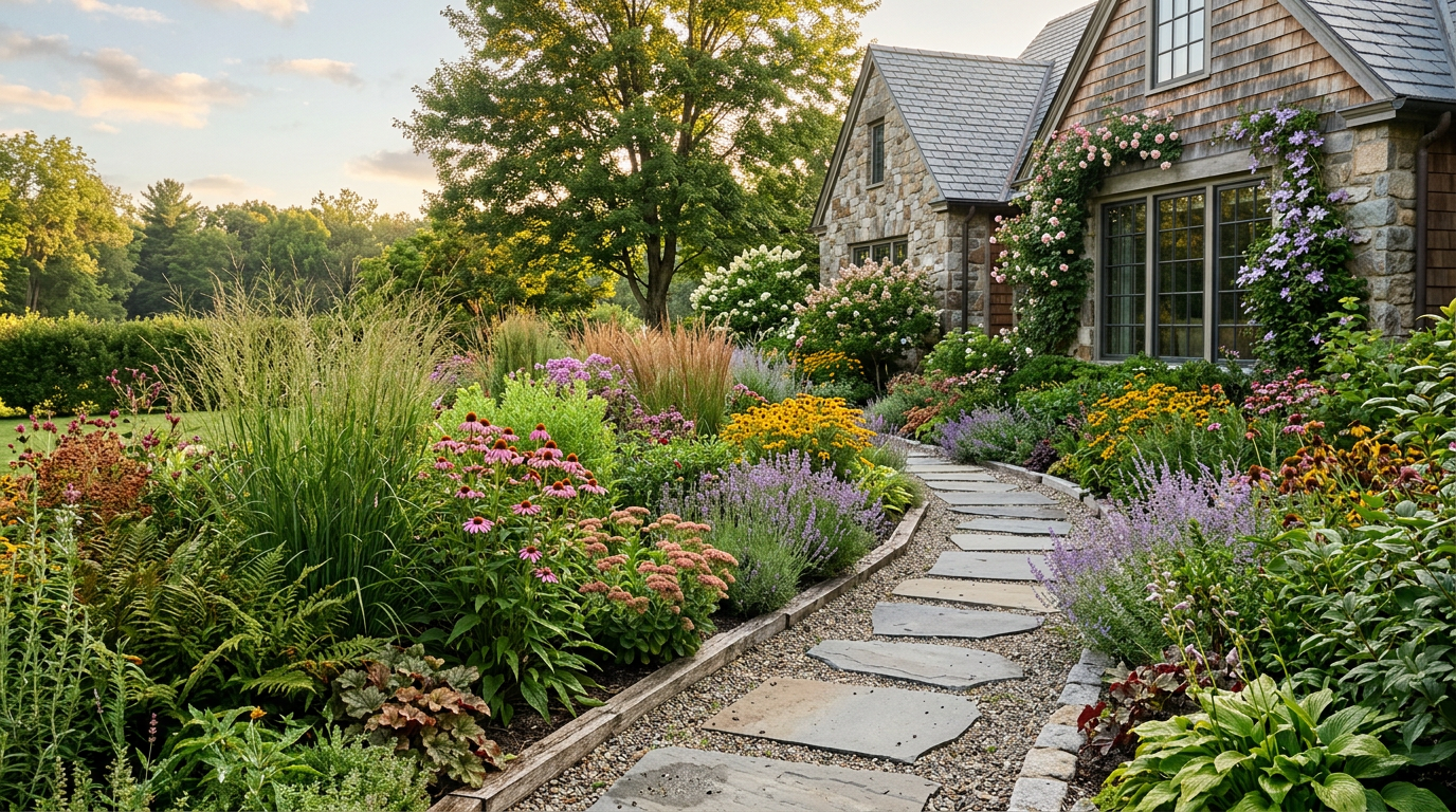 Layered perennial garden and stepping stone path